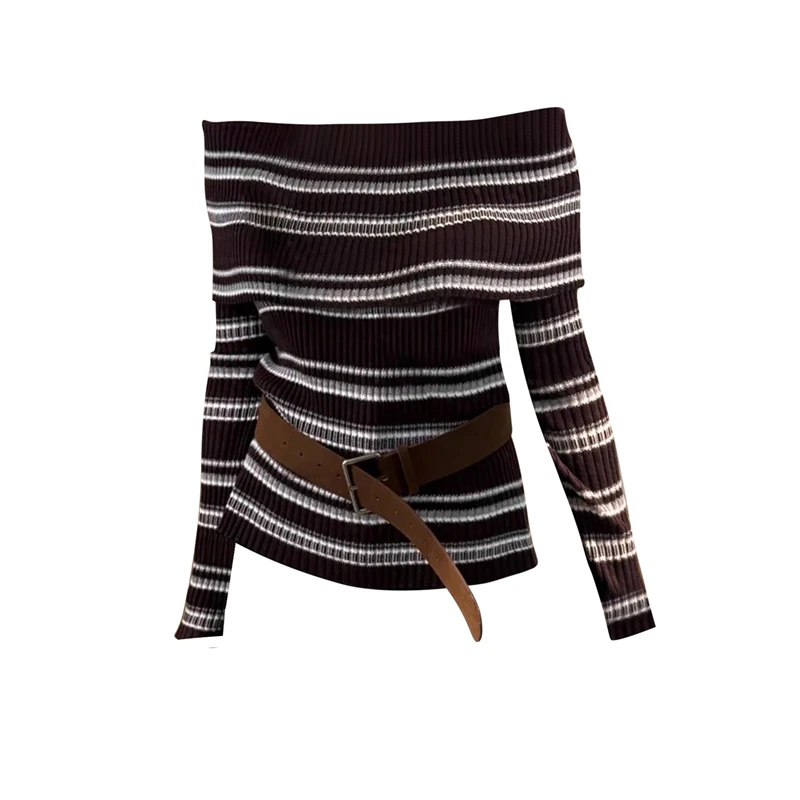 法式咖色性感露肩一字领毛衣收腰显瘦条纹针织衫洋气百搭上衣女