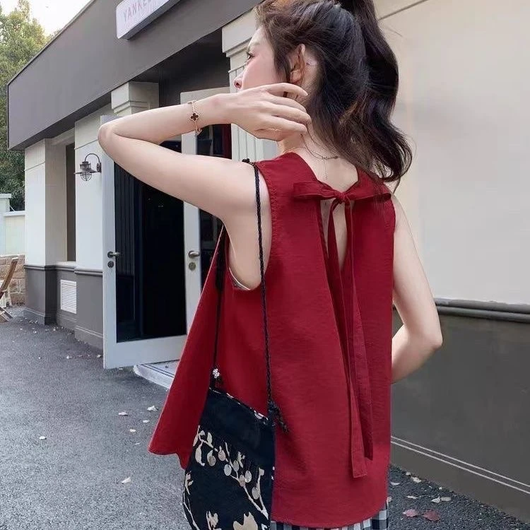 韩系设计感甜美清新减龄无袖小衫背心女2025夏季系带娃娃衫上衣潮