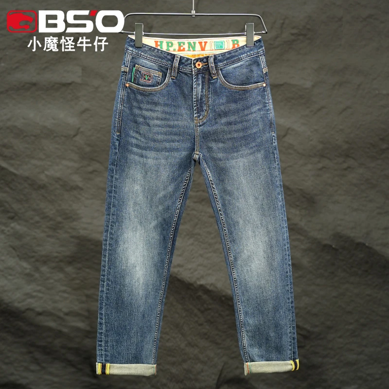 小魔怪秋季新款刺绣九分牛仔裤男款修身小直筒微弹百搭长裤子男装