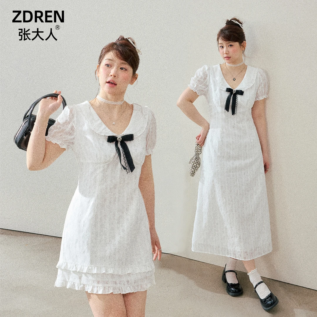 张大人【山茶花雾】大码女装微胖妹妹法式蝴蝶结温柔初恋风连衣裙