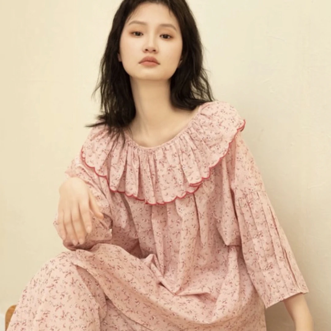 女士碎花纯棉中袖长裤薄款睡衣套装适合春秋季家居穿着