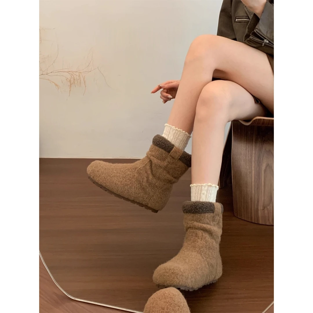 复古毛呢加绒雪地靴女冬外穿2025丑萌软底勃肯靴短筒马丁短靴棉靴