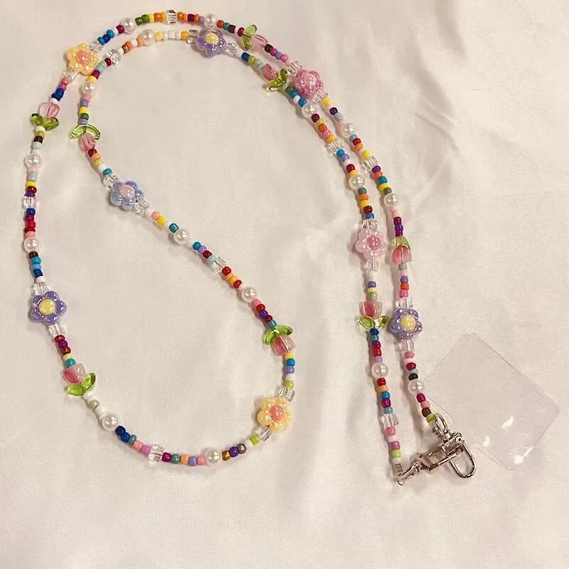 少女彩色郁金香花朵珠子手机壳通用长款链条百搭背包挂件斜挎网红