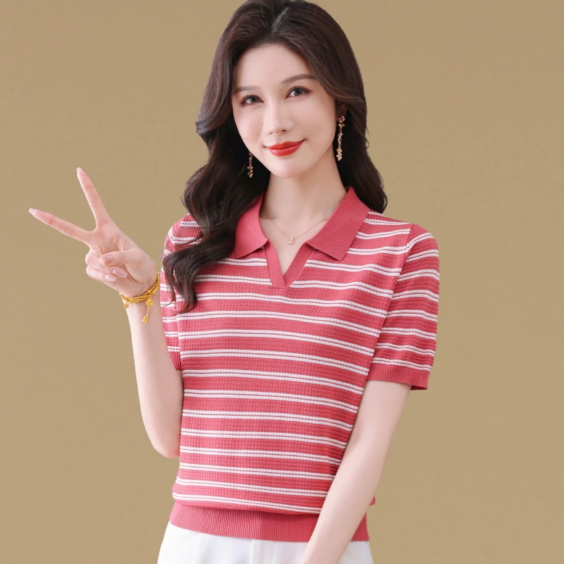 设计感小众高档条纹提花冰丝针织衫上衣女夏季洋气减龄短袖t恤薄