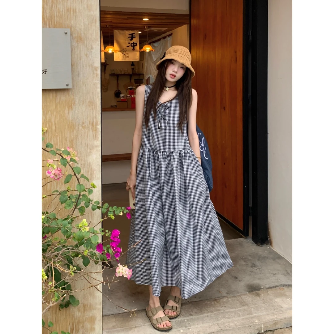 春夏新款【日杂】格纹连衣裙复古高腰显瘦遮肉背心裙长裙