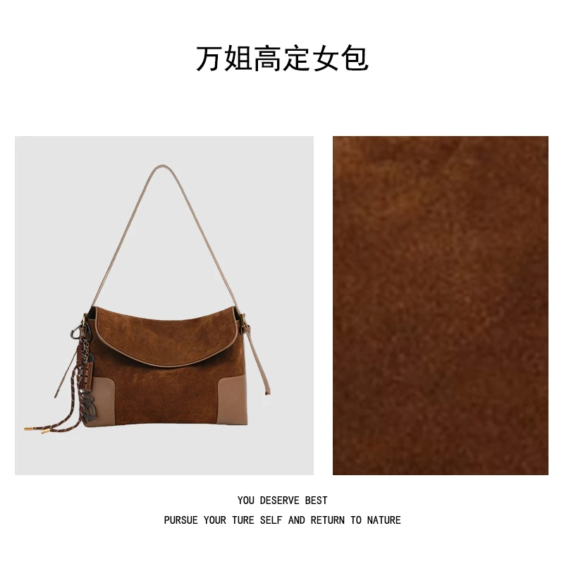 （万姐高定）2025新款复古磨砂托特大容量单肩斜50087手拿包咖啡棕