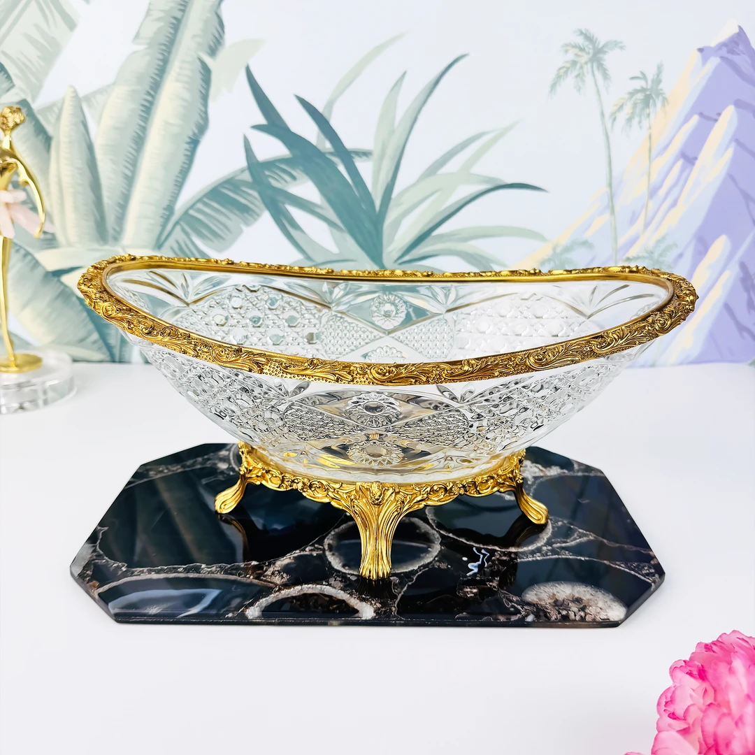 欧式风格水晶黄铜元宝2025年新款高档喜糖盆透明零食盘水果盘