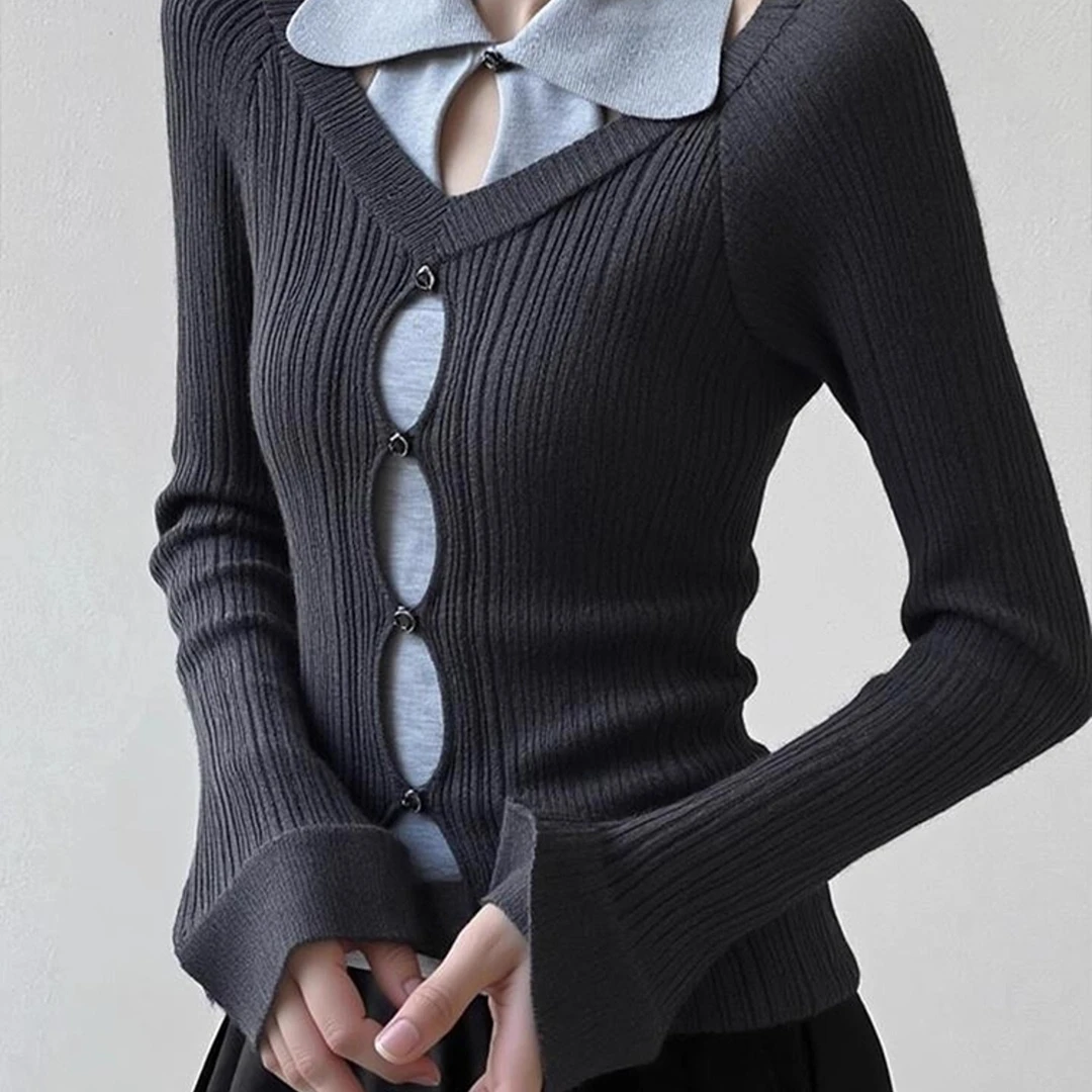 假两件灰色针织衫女秋超好看高端设计感独特漂亮减龄气质掐腰上衣