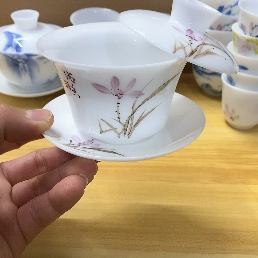冰种玉瓷手绘盖碗（瑕）150