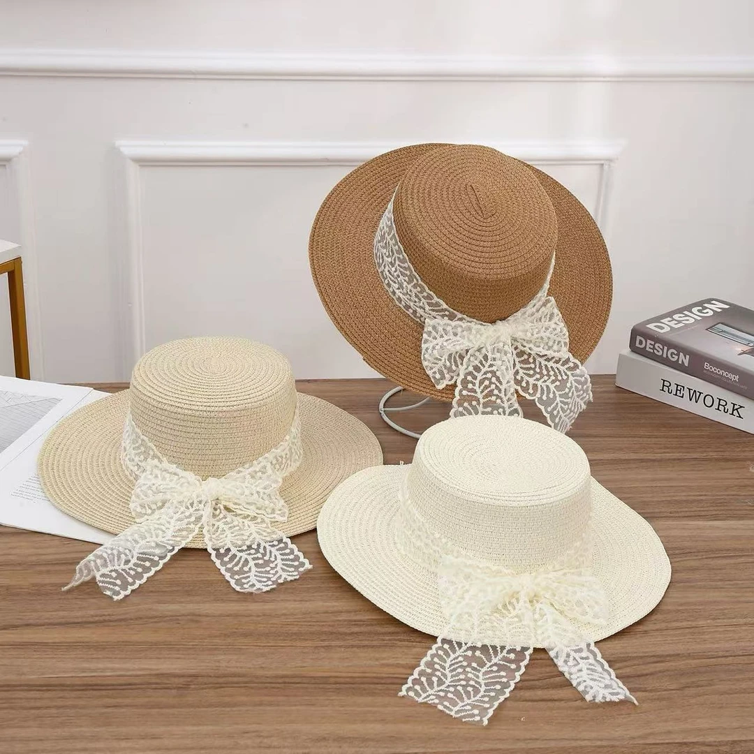 2025新款网红款时尚遮阳帽蕾丝蝴蝶结平顶草帽海边旅拍太阳帽百搭