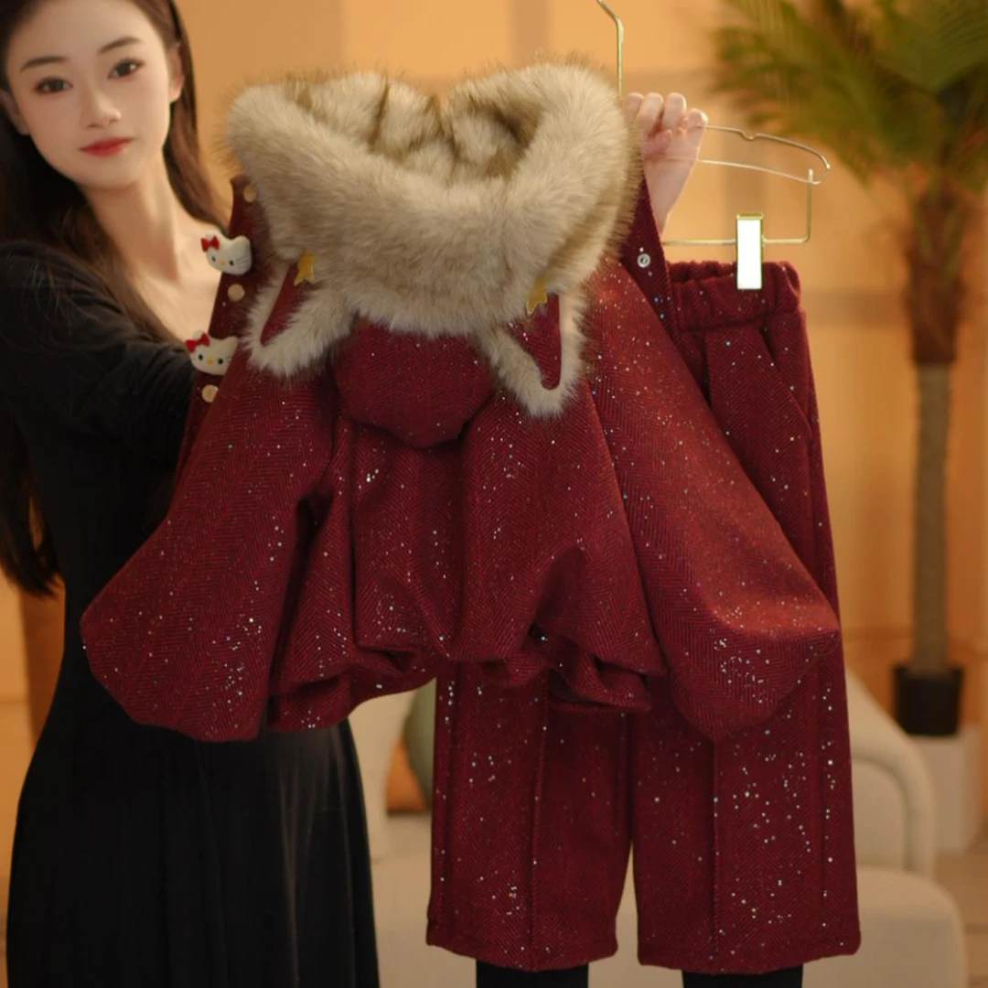 女童组合冬季2025年圣诞新年连帽加厚加绒外套测1