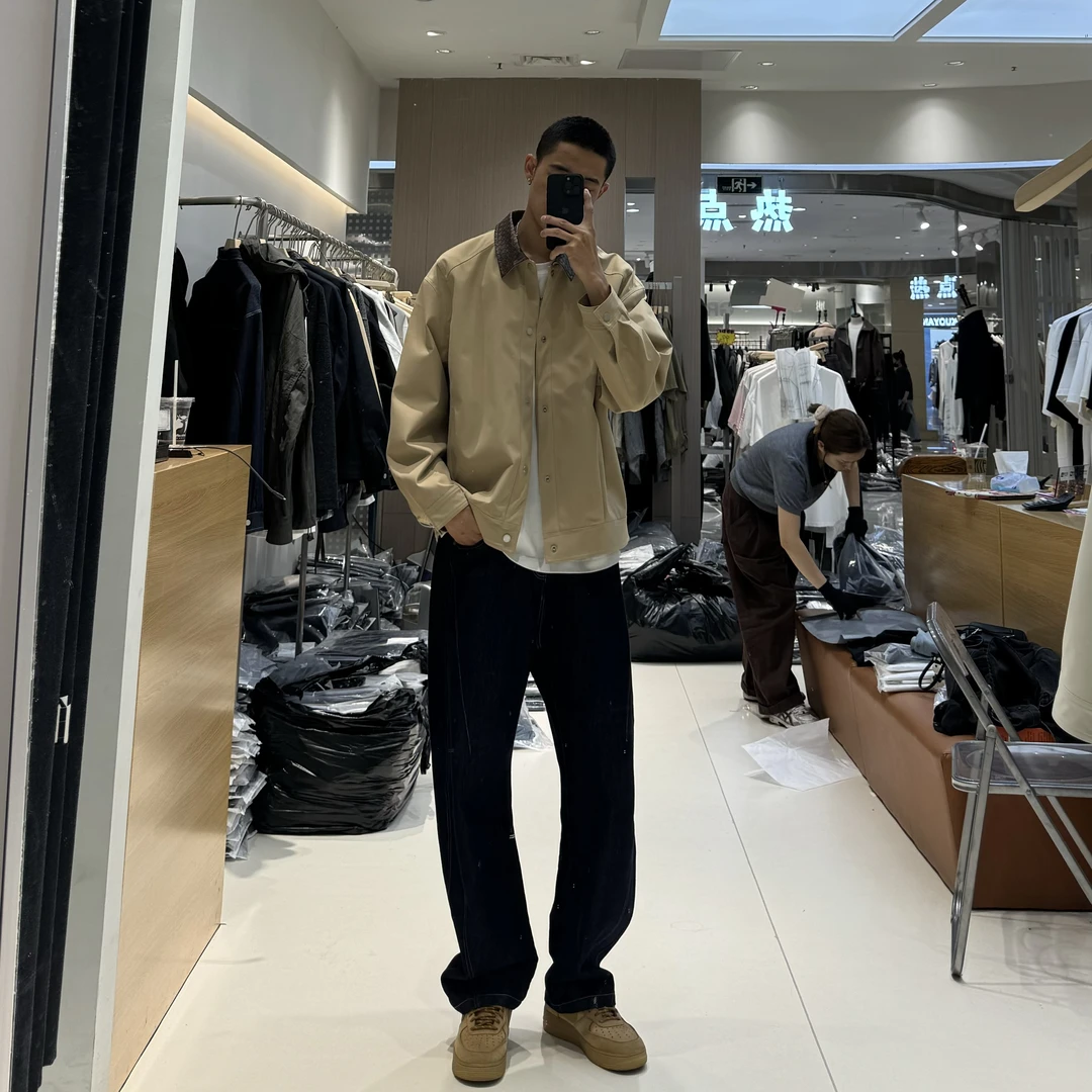 秋季新款高品质巴恩风简约老钱硬汉编织皮领拼接翻领百搭夹克外套