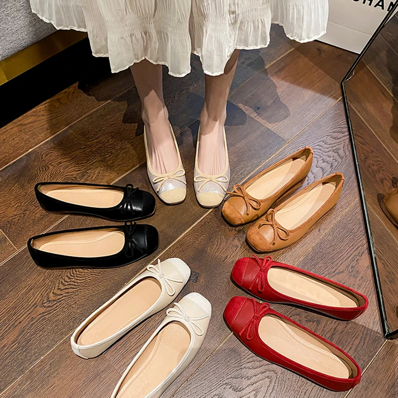 平底小香风奶奶鞋红色单鞋女鞋子2024新款春季软底豆豆鞋方头瓢鞋