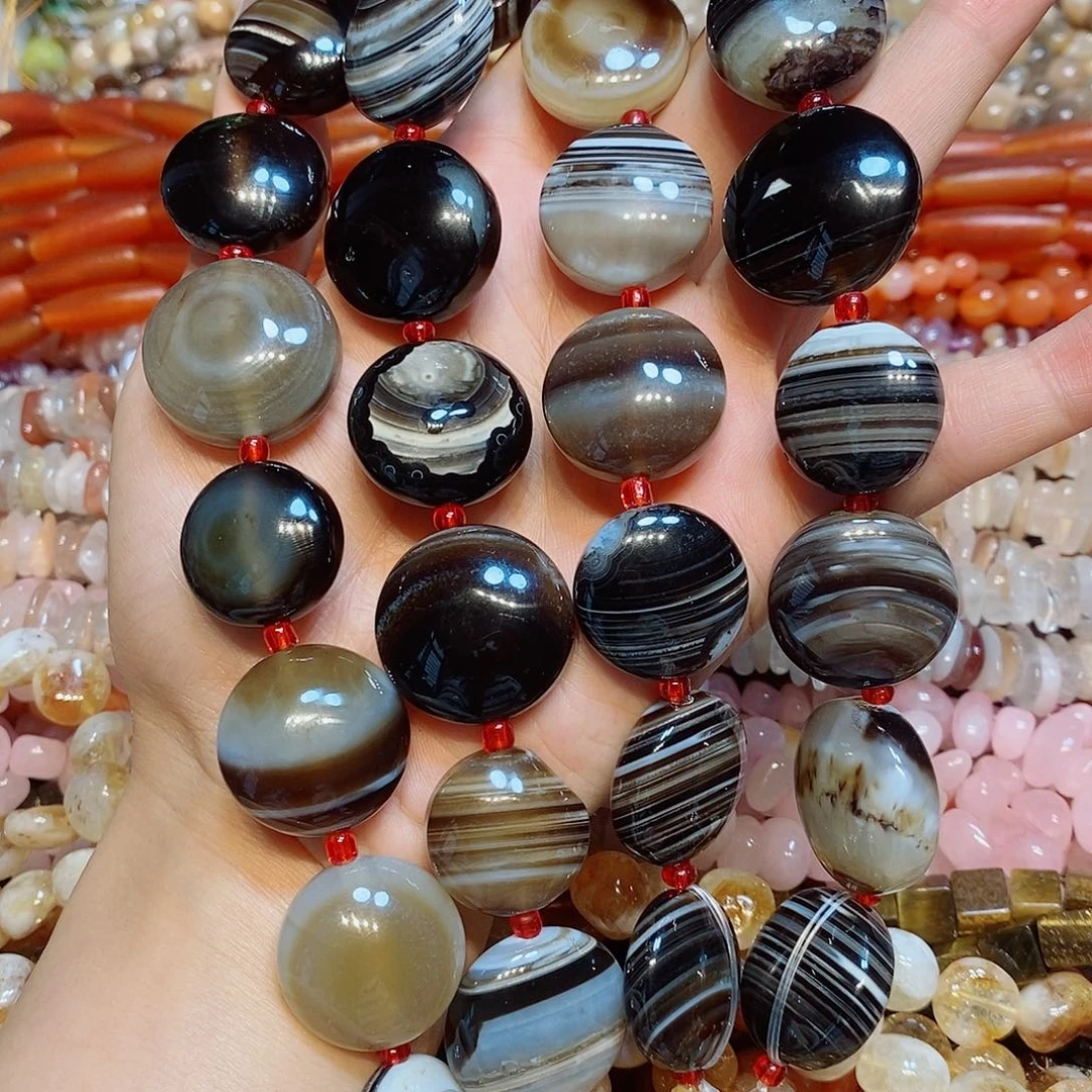 玛瑙/玉髓散珠天然黑玛瑙羊板眼一条20-25mm