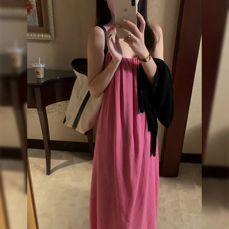 D287海边度假法式无袖吊带连衣裙子夏季女装2025新款粉色绝美长裙