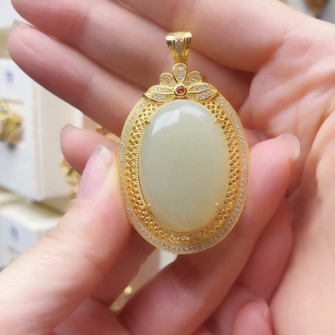 和田玉银S925镀金镶嵌颈饰