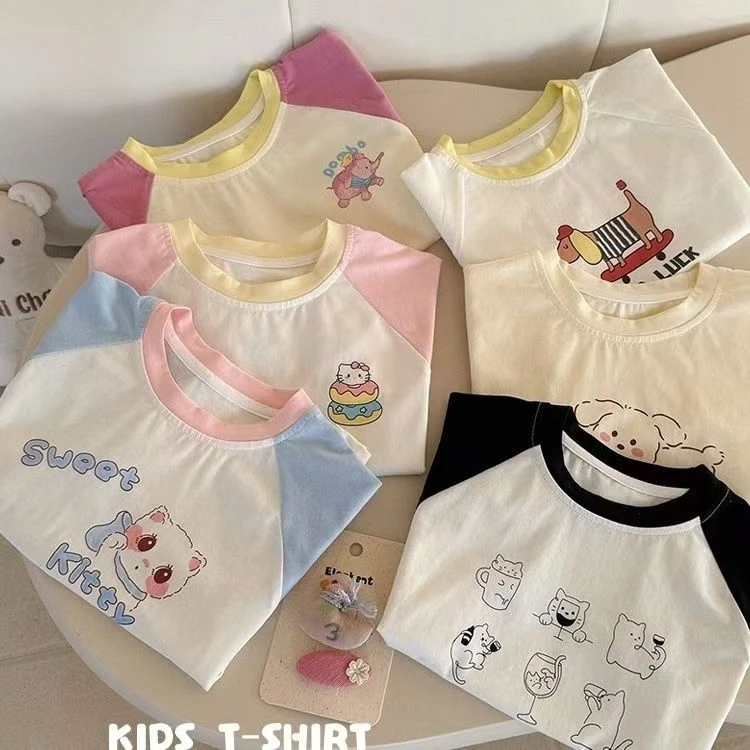 儿童A类纯棉T恤夏季薄款男女童卡通纯棉印花T恤