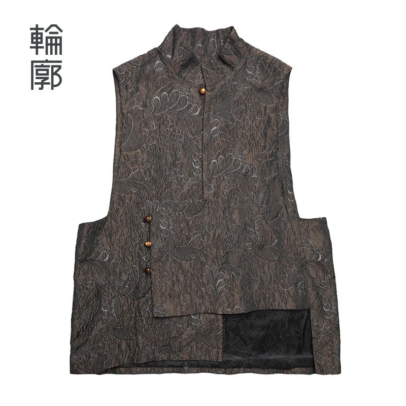 轮廓中式复古不对称马甲L243Y090气质时尚休闲无袖提花宽松马夹