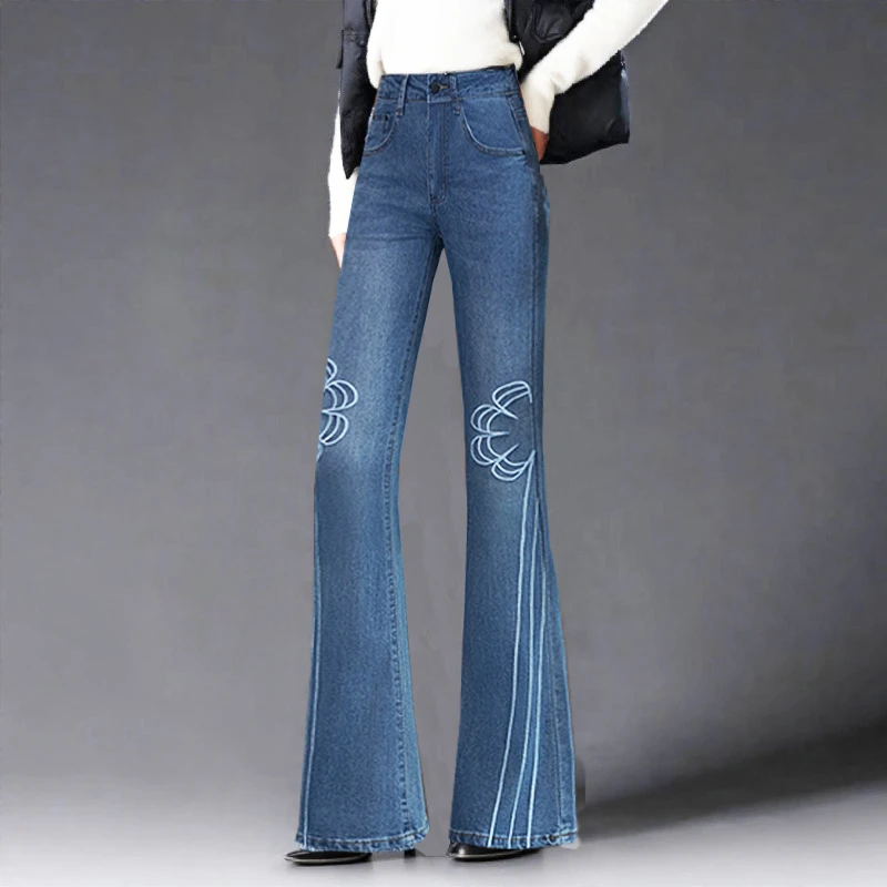 牛仔微喇裤国风刺绣2025春秋新款高腰牛仔裤修身显瘦弹力喇叭长裤