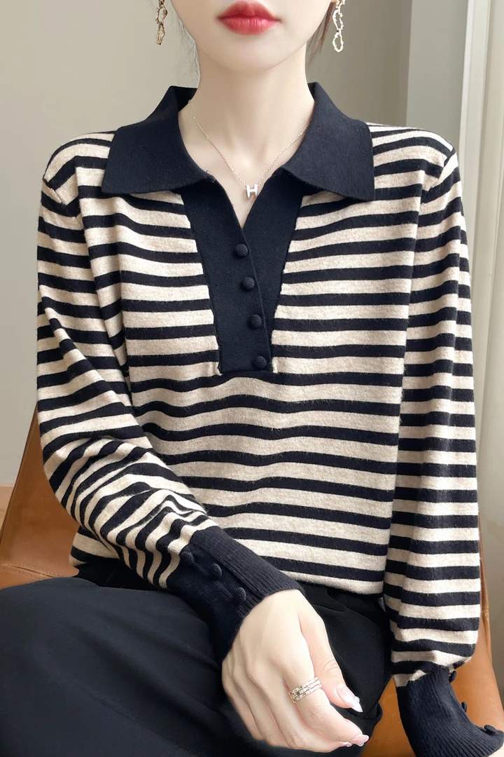 女毛针织衫显瘦女款秋冬针织帽衫春秋条纹长袖宽松百搭翻领