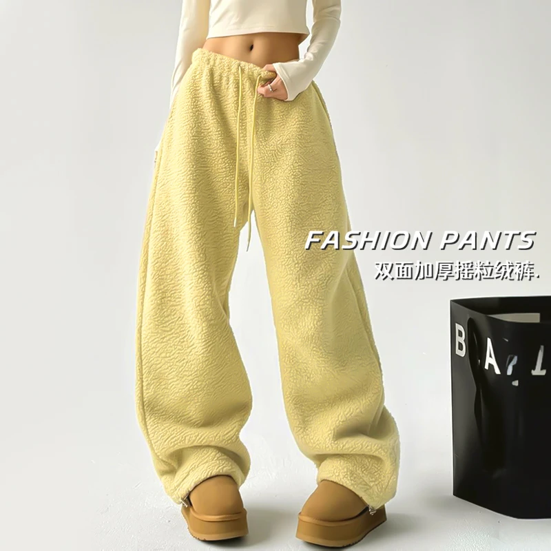 双面加绒加厚摇粒绒阔腿裤女慵懒风冬季高腰宽松保暖百搭休闲长裤