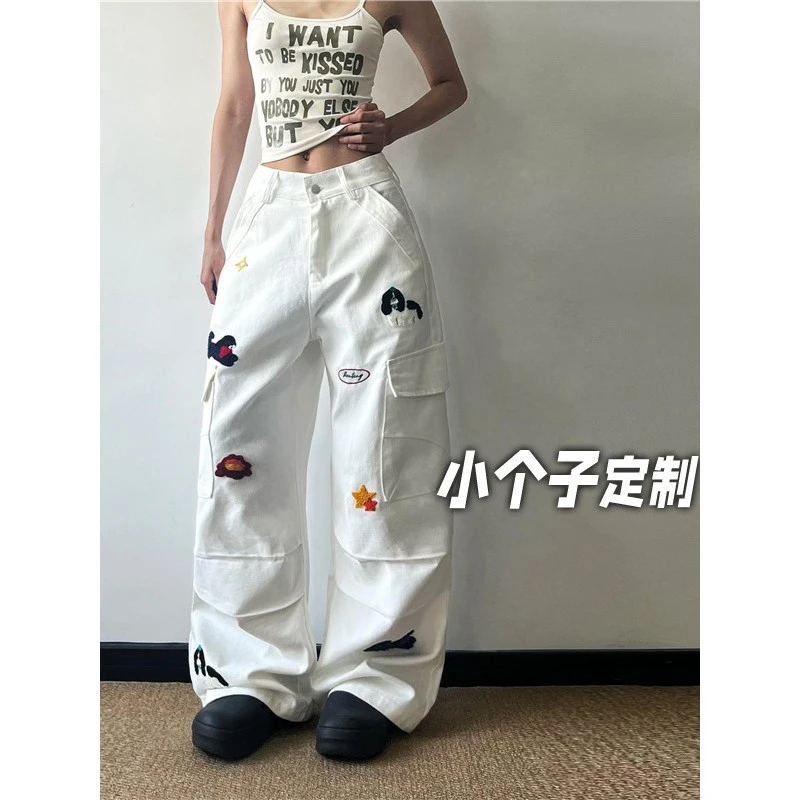 150小矮个子刺绣小狗星星牛仔裤女秋季高腰阔腿美式多口袋工装裤