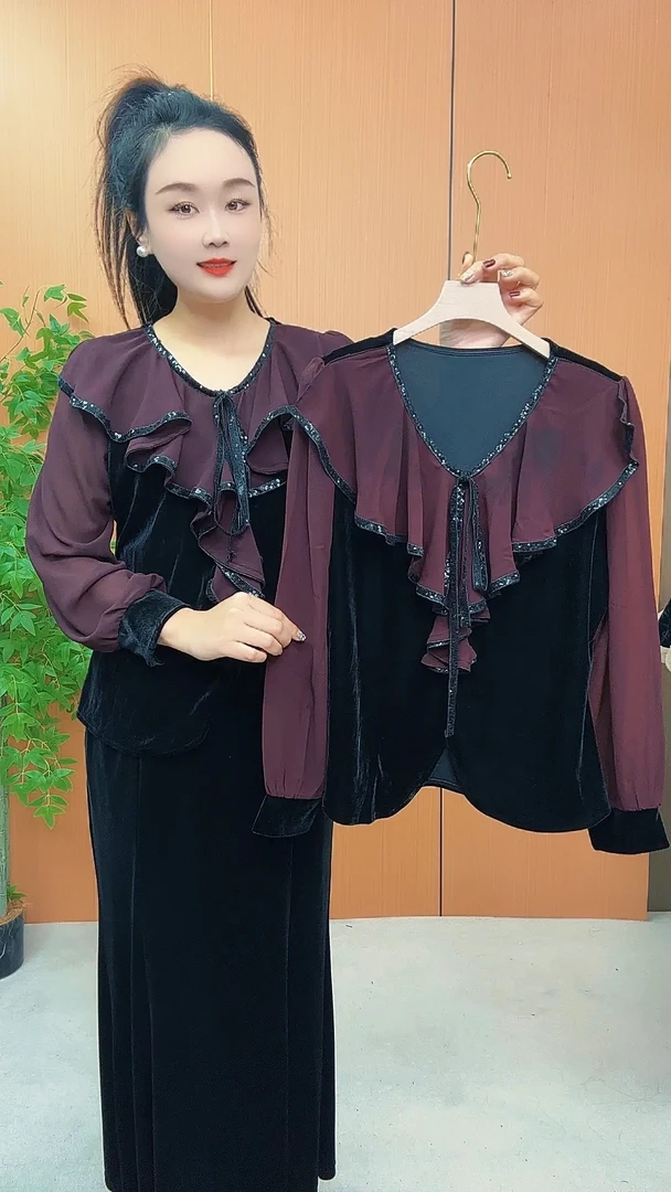 （小曼推荐）1646#新款时尚气质丝绒花边领上衣