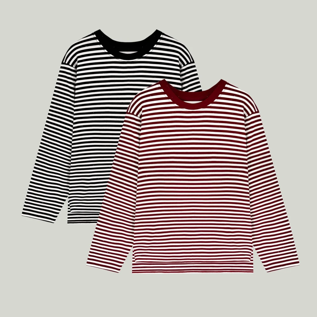 诗妮歌高定 |【二重奏】黑红交织 经典条纹长袖衫休闲百搭