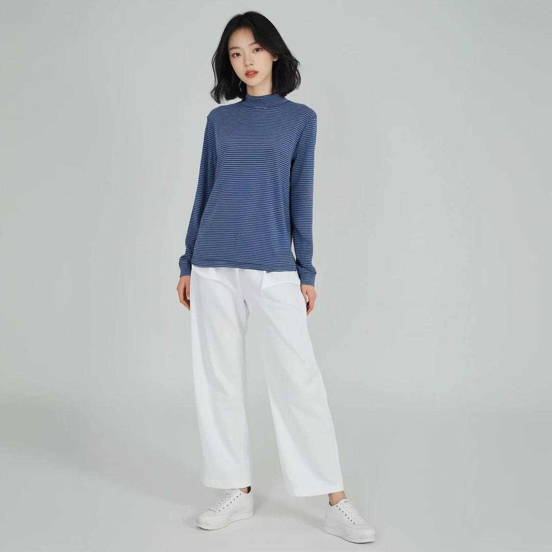 7B190 2女士长袖半高领条纹打底衫常规款气质百搭