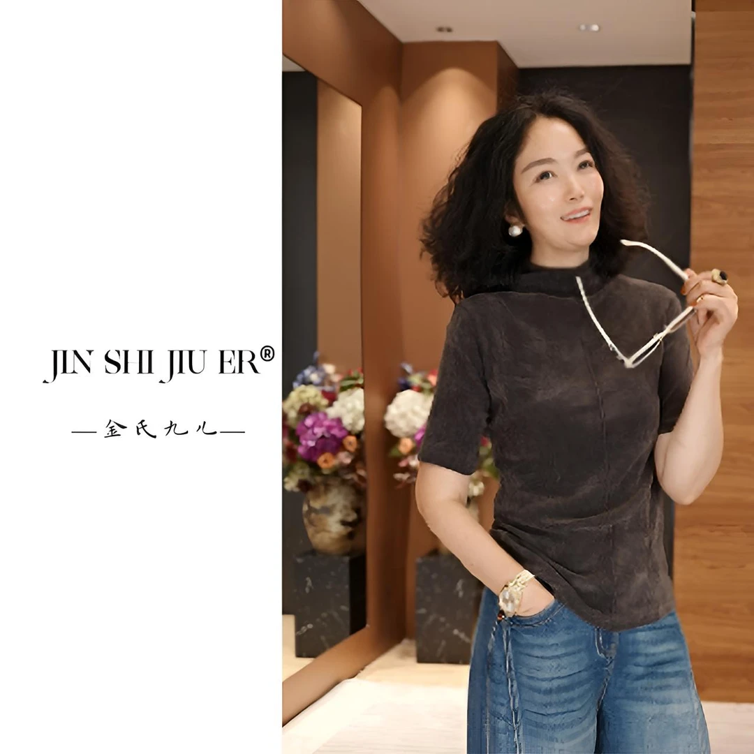JIUER【印记】轻奢半高领明线半袖T恤 鱼骨线显瘦气质复古3219