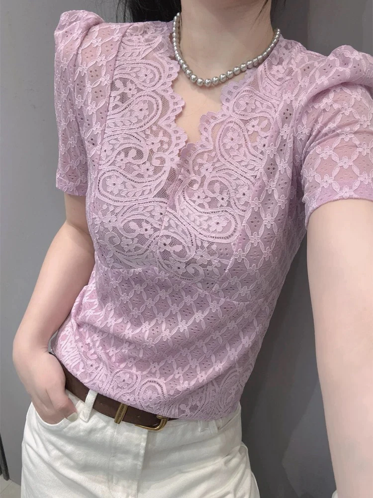夏季新款蕾丝拼接V领短袖T恤女时尚泡泡袖修身显瘦洋气欧洲站上衣