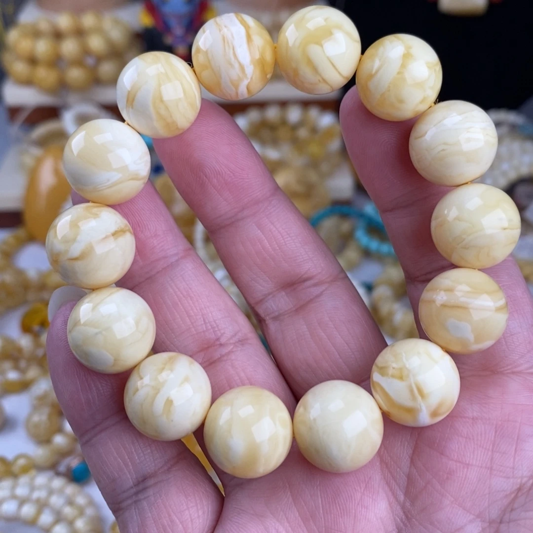 李***海蜜蜡未镶嵌手链自然氧化瓷白细纹虎皮16mm圆珠