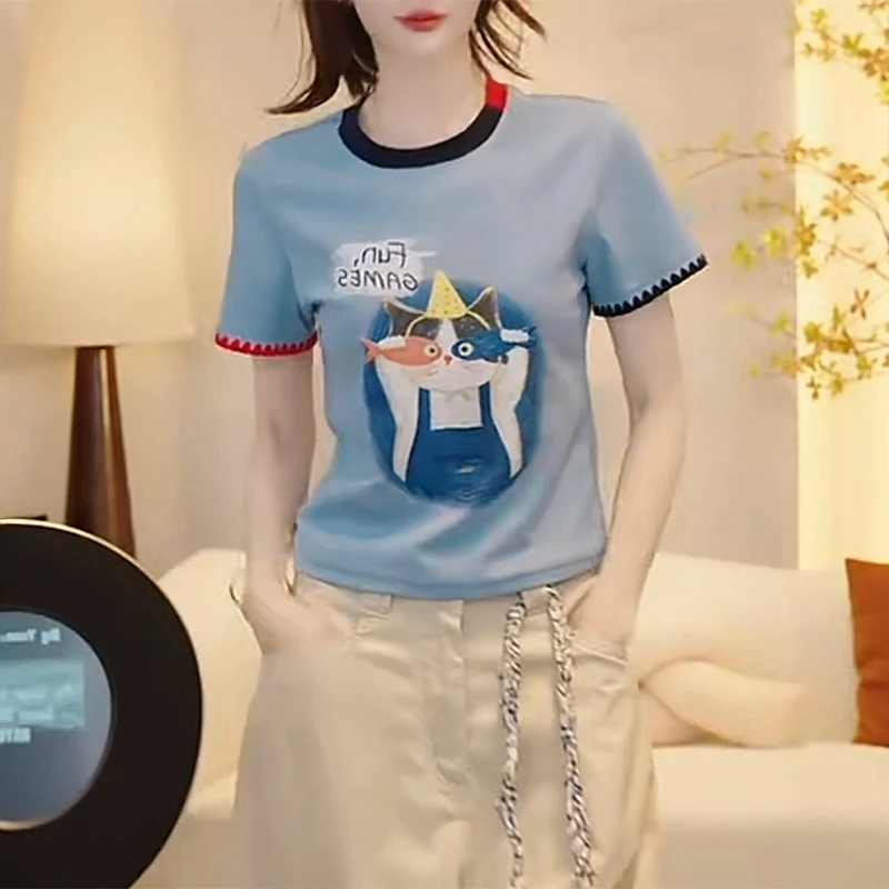 夏季2025新款休闲短袖猫咪印花正肩T恤女超好看独特撞色chic上衣