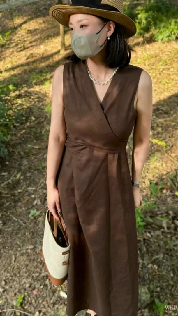 亚麻无袖绑带连衣裙收腰中长裙