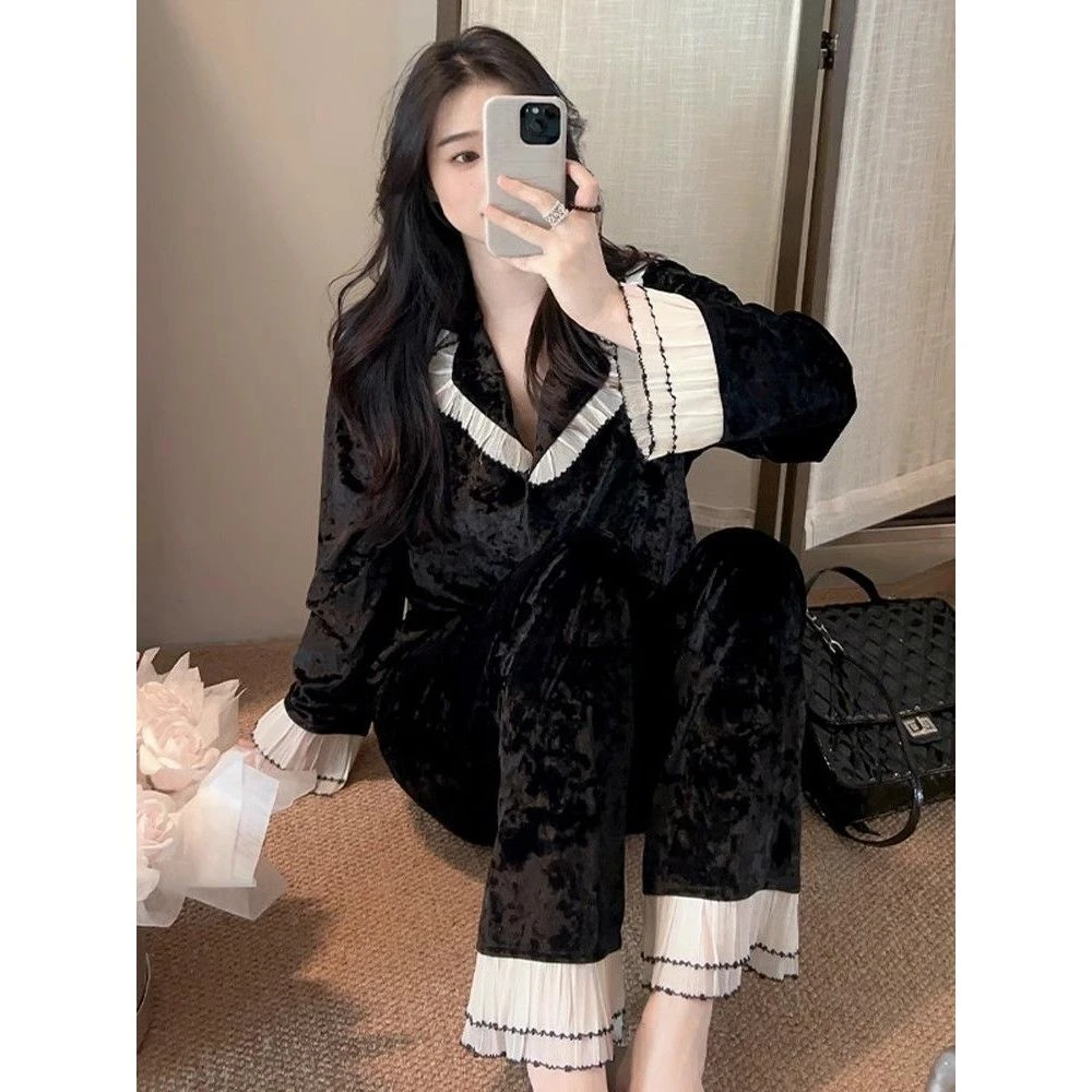 纯欲风黑色金丝绒睡衣女秋冬款2025年新款高级感甜美可外穿家居服