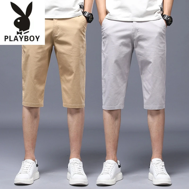 花花公子七分裤男百搭夏天宽松潮流男士中裤冰丝纯棉短裤男款夏季