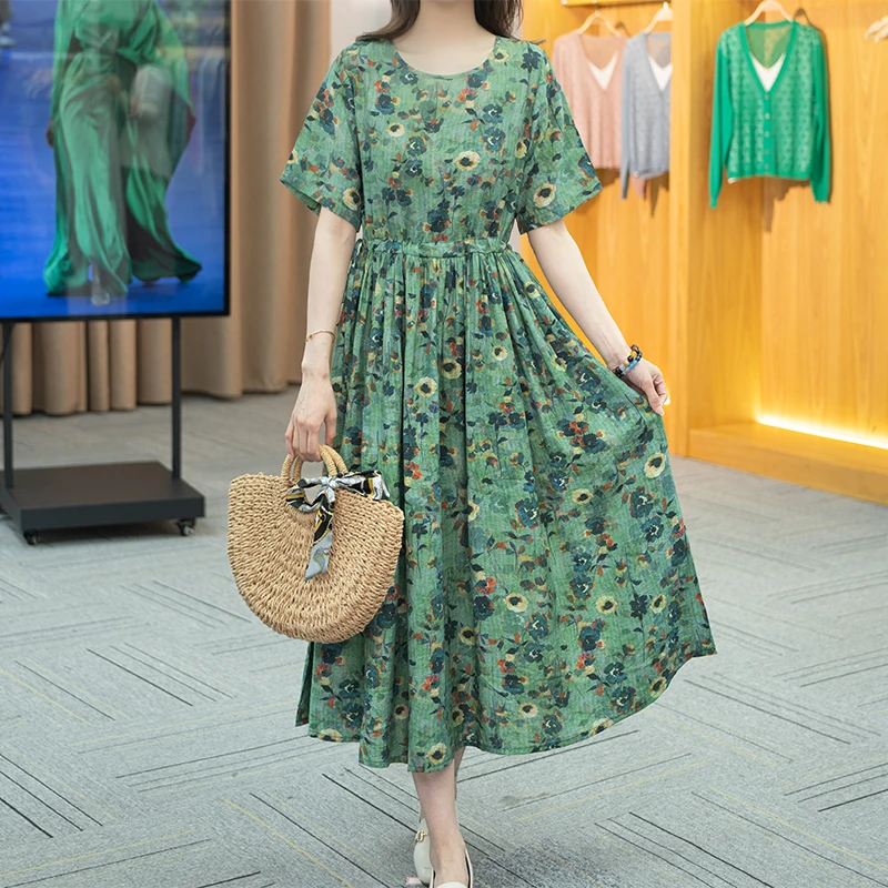2025夏新款休闲时尚气质洋气绿色抽绳碎花连衣裙中长款  2504-154