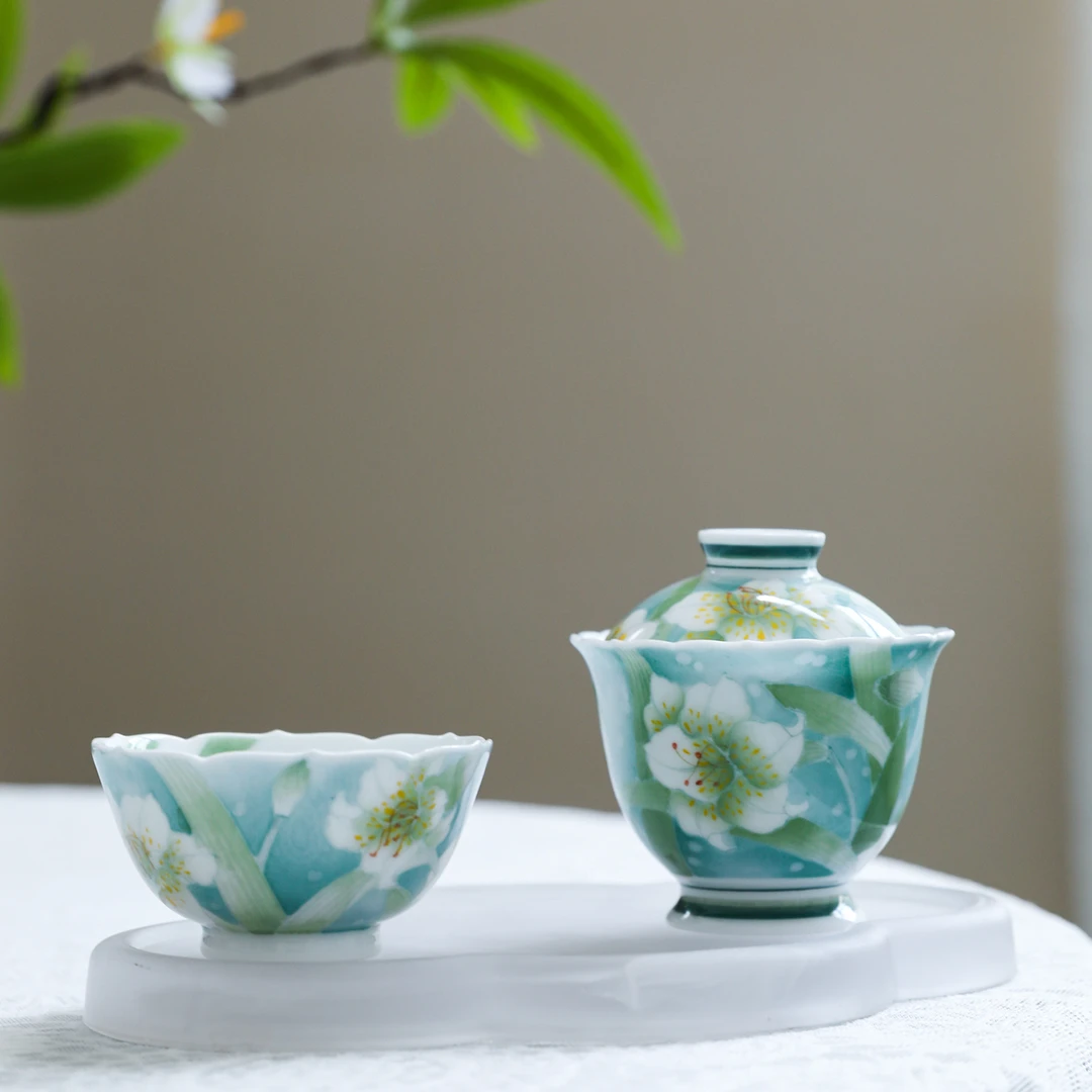 官润窑陶瓷器纯手绘釉下彩品茗主人杯百合花女士茶盖碗泡茶碗礼品