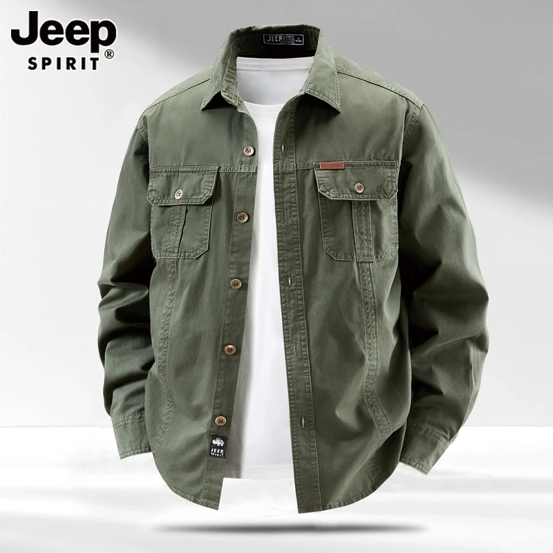 JEEPSPIRIT吉普户外工装衬衣男长袖春秋季宽松大码美式纯棉外套