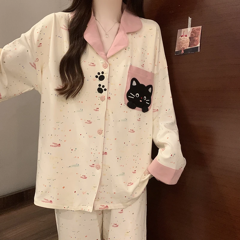 带胸垫睡衣女春秋款日系可爱猫咪长袖长裤2025新款开衫家居服套装