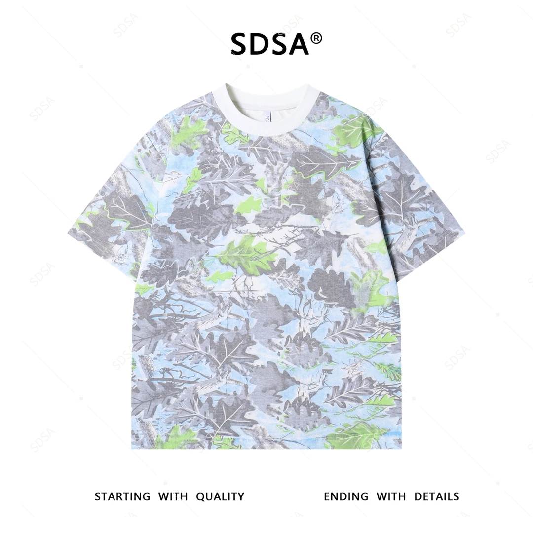 SDSA夏季新款男士痞帅潮流树叶印花圆领短袖T恤小众设计时尚百搭