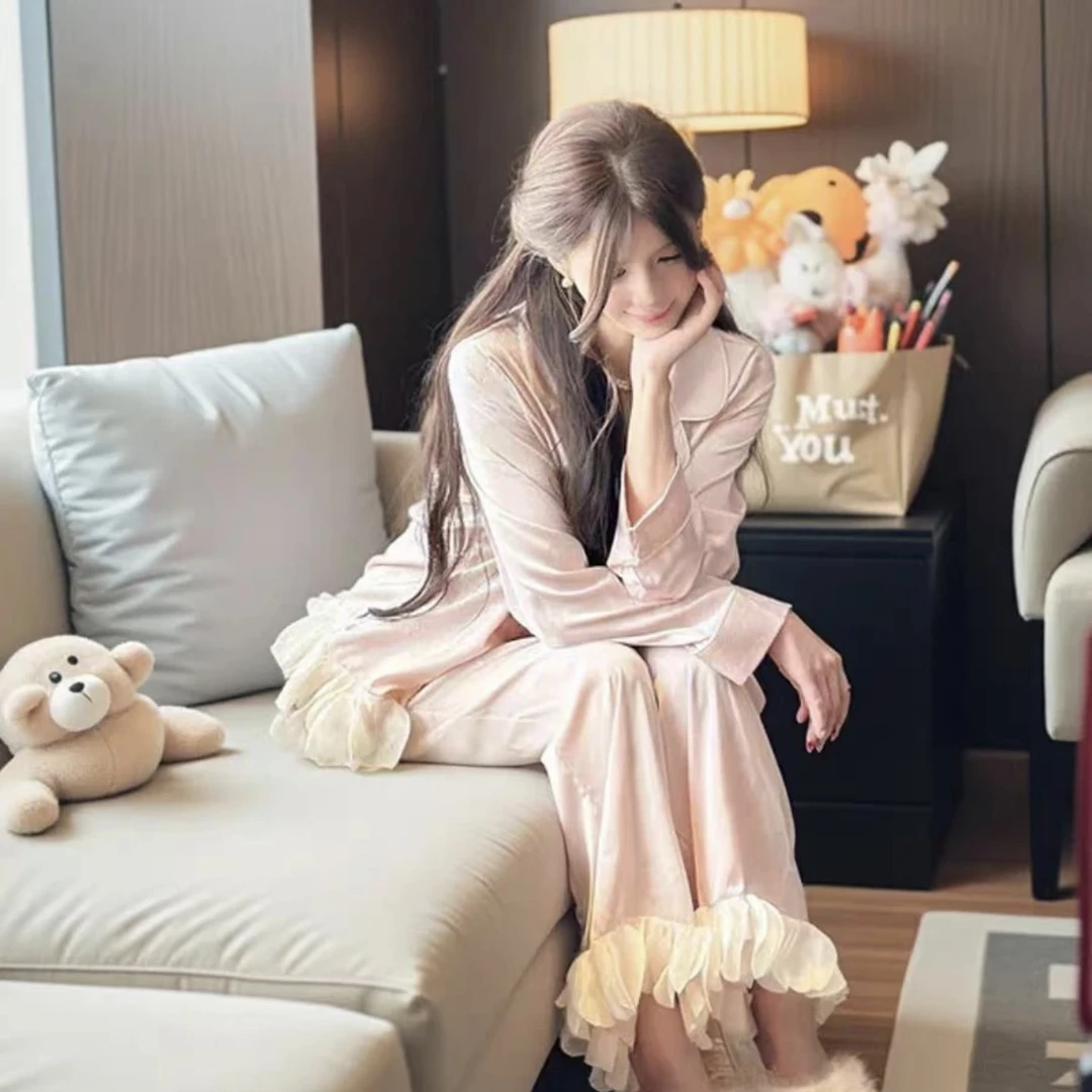 【福利】睡衣家居服春夏款女款可外穿亲肤柔光锻面翻领长袖长裤