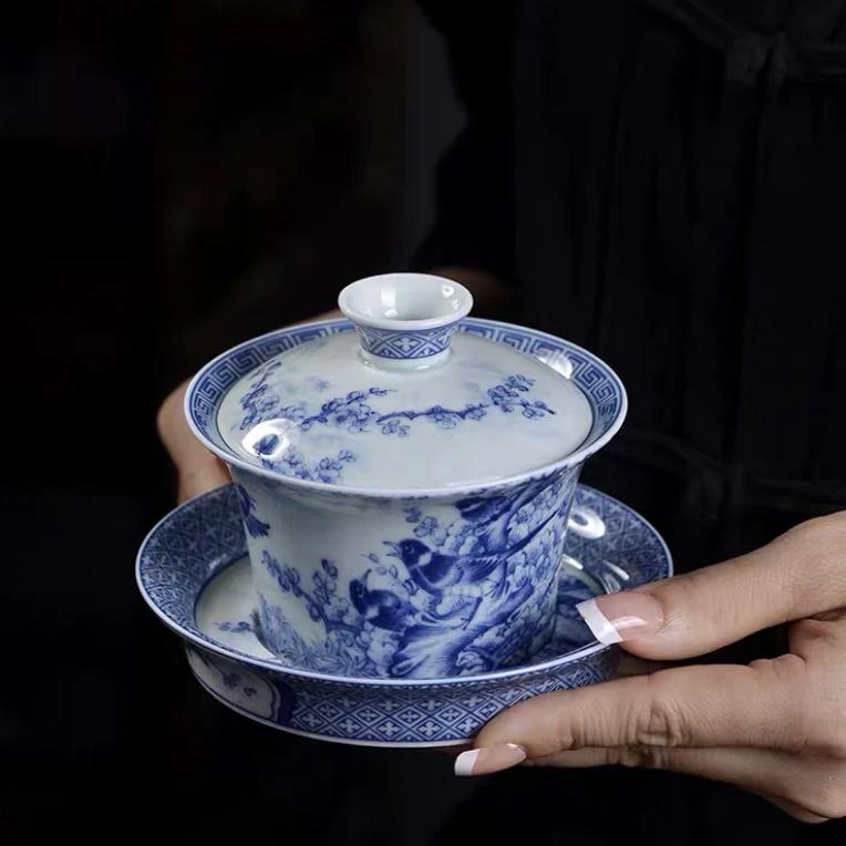 陶瓷景德镇手工茶具青花喜上眉梢主人套装马蹄三才件套盖碗茶杯