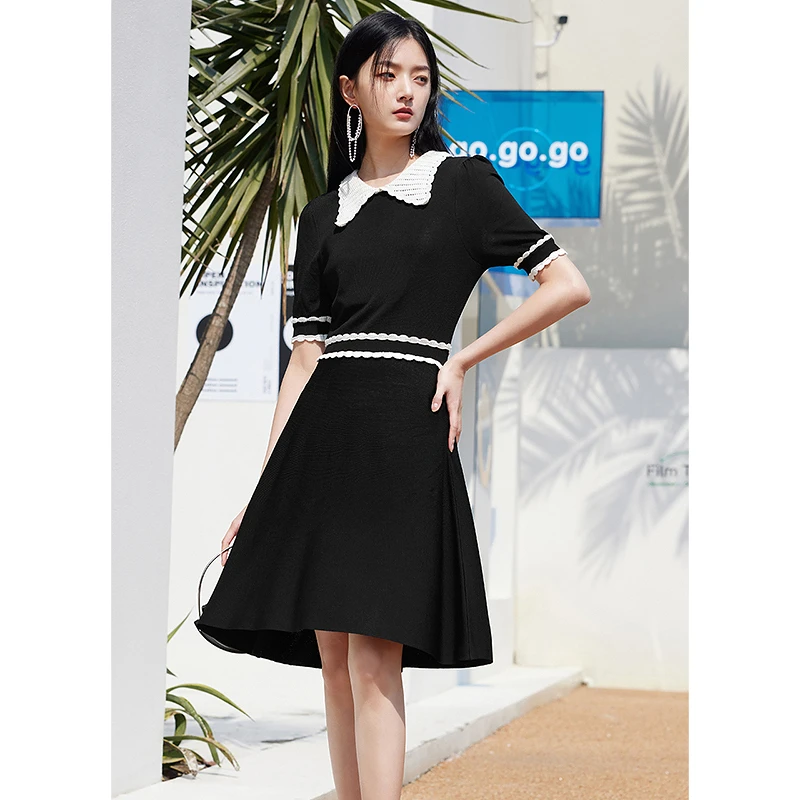 missCOCOON撞色裙子夏2022新款小香风镂空娃娃领收腰小个子连衣裙