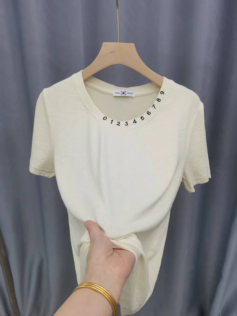 【领子数字】2025夏款女士 正肩显瘦刺弹力短袖休闲棉T203