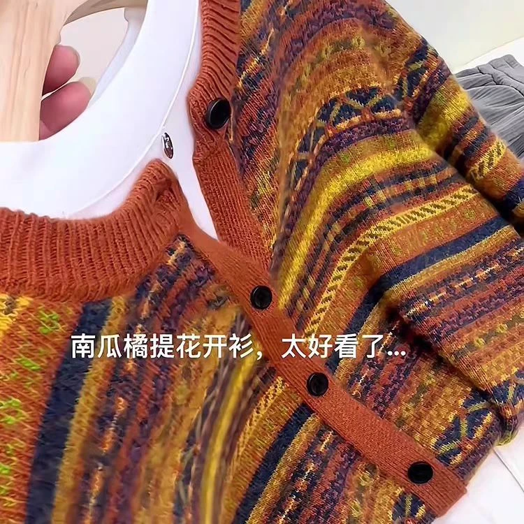 秋冬新款七针加厚女毛针织衫圆领撞色针织衫长袖拼色针织提花上衣