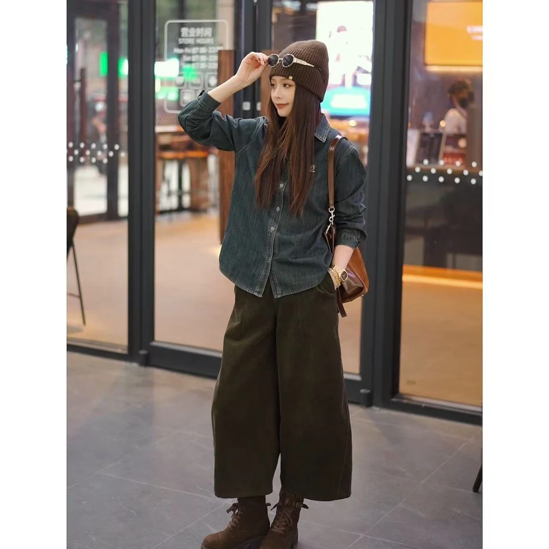 【曼城旧事】冬季新款洋气叠穿休闲宽松加绒加厚复古牛仔衬衫C1510