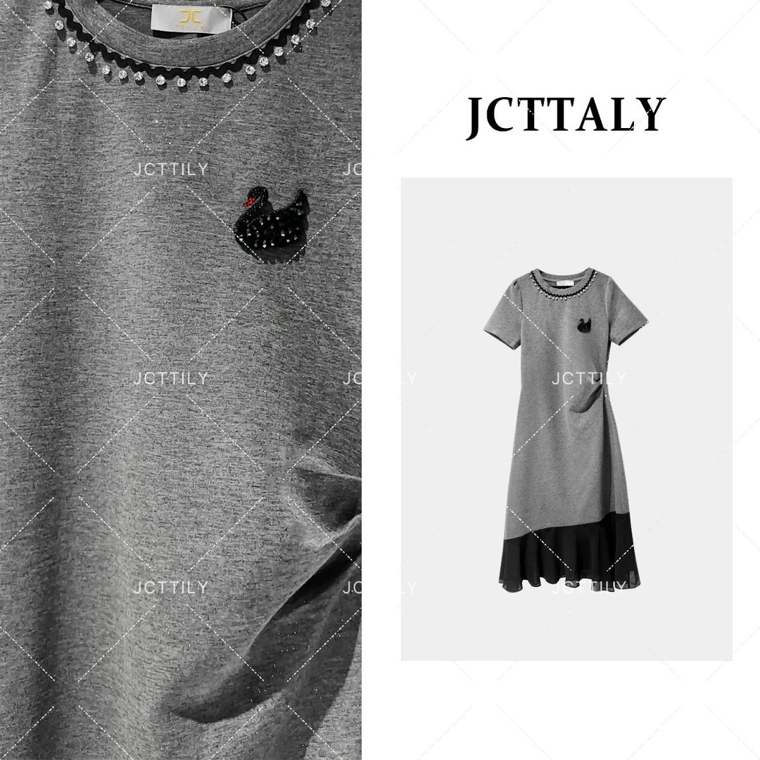 【linda】【8】夏装新女装钉珠捏褶收腰纯色中长裙连衣裙JC-A2915