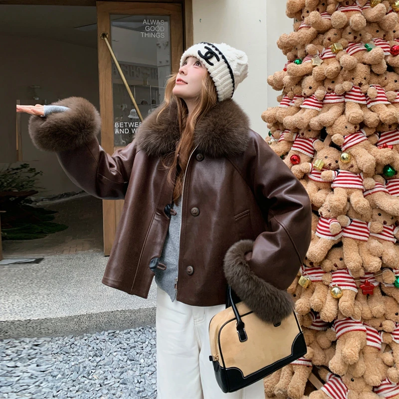 复古港风美拉德皮衣羽绒服2026冬季新款甜酷韩系炸街大毛领派克服