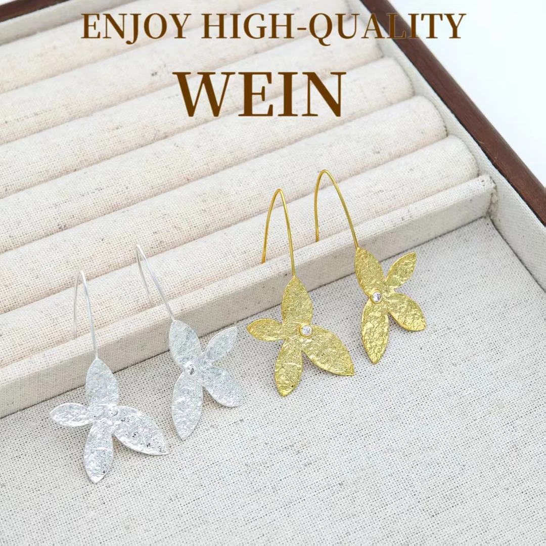 WEIN 铜合金合成锆石耳饰 镀K金锡纸纹花朵耳环设计师轻奢气质Ins